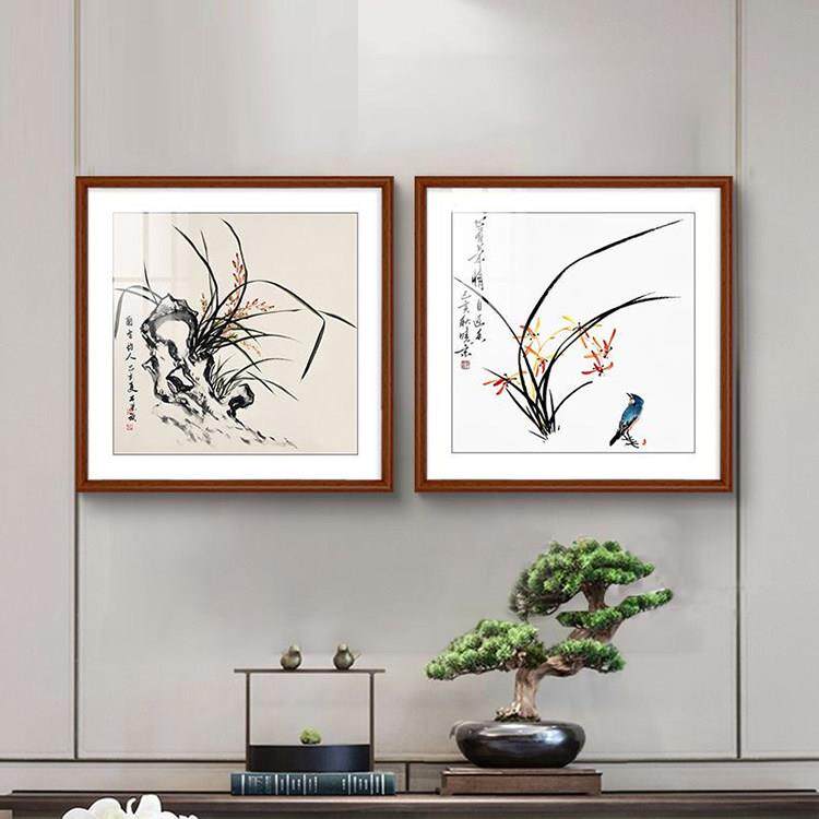 新中式实木框装饰画兰花图壁画玄关饭厅挂画客厅沙发墙写意花鸟画