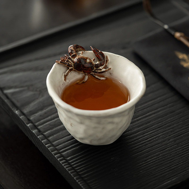 宋朴苏扬烨大师纯手工螃蟹粉引主人杯品茗杯开片萩烧茶杯礼盒装