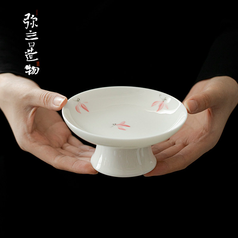 弥言纯手绘兰花高足壶承家用干泡盘家用陶瓷养壶垫盖碗茶托茶点盘