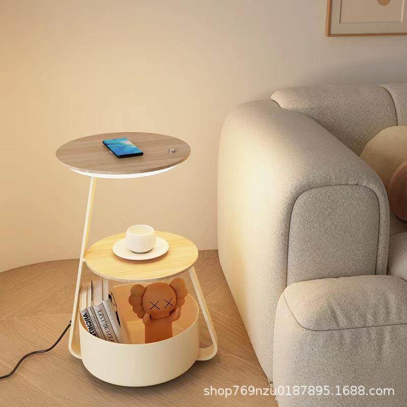 奶油风卧室床头柜台灯一体现代简约客厅沙发边几小户型原木落地灯