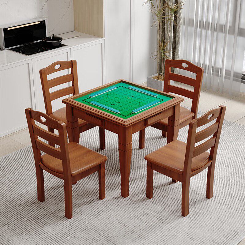 简约麻将桌餐桌两用棋牌室活动室手搓橡胶木棋牌桌方桌海棠色单桌