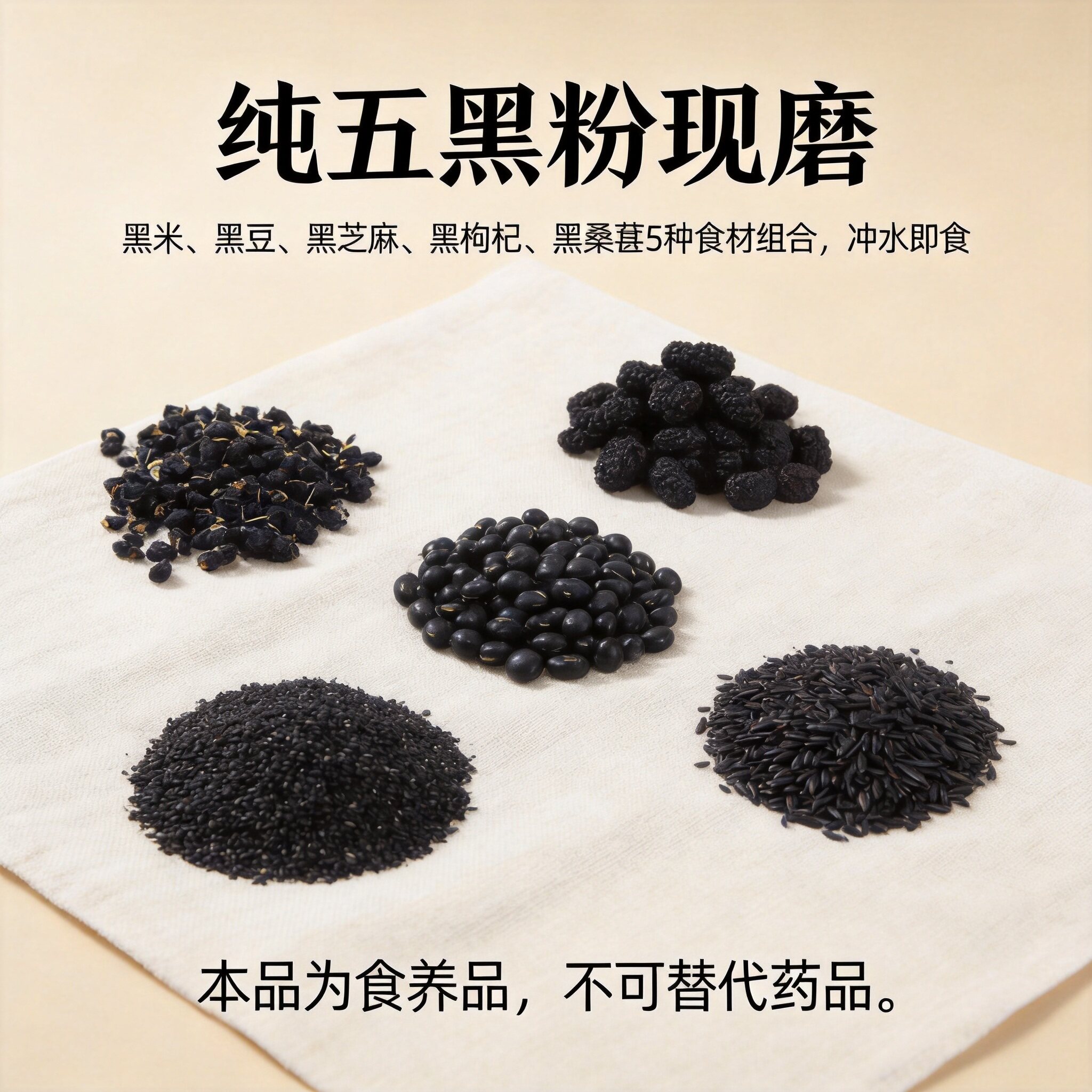 本谷食研 纯五黑粉现磨 黑芝麻黑枸杞黑桑葚黑米黑豆 养发 即食