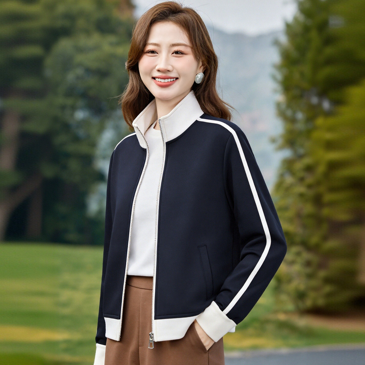 2026年春季立领长袖卫衣拼色小个子短款外套运动风休闲开衫上衣