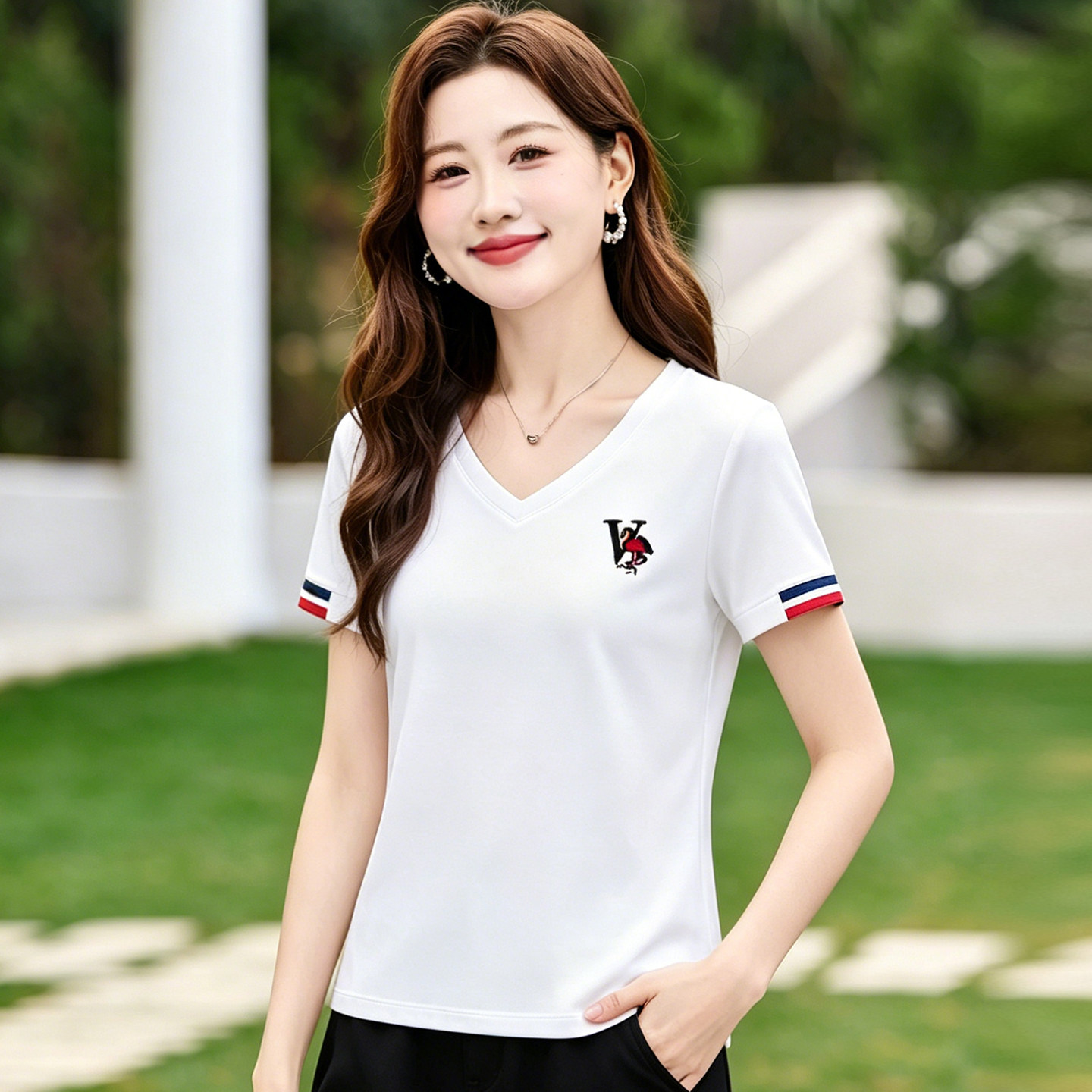 白色v领短袖t恤女夏季新款女装爆款正肩女士上衣洋气半袖显瘦体恤