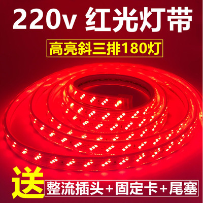 红色灯带220vled软灯带户外防水超高亮红光灯条中国红暖白金黄蓝