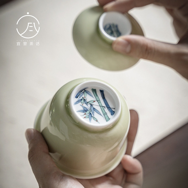 宜室茶话 手绘青花竹隐盖碗 功夫茶具豆青釉陶瓷泡茶碗 文人茶器