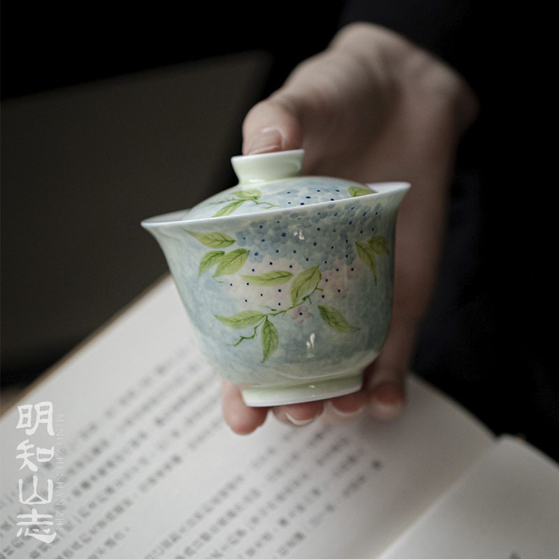 明知山志 果青蓝风铃华初盖碗 手绘小清新陶瓷盖碗玉泥家用泡茶碗