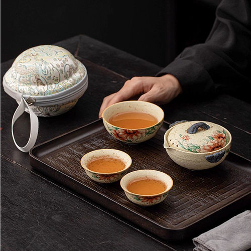 焦糖釉青花火石红便携式一壶三杯功夫旅行茶具套装旅游户外泡茶壶