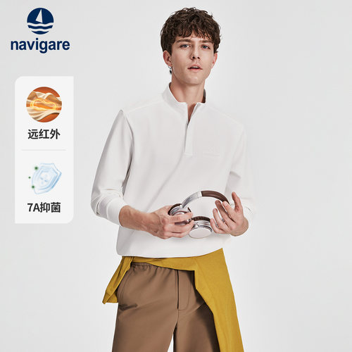 Navigare小帆船白色半开领卫衣男士2026秋季休闲套头上衣长袖T恤