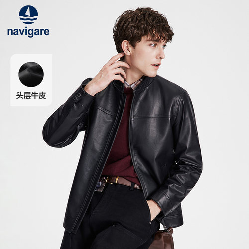 Navigare小帆船黑色立领真皮皮衣男士秋季新款老钱风牛皮夹克外套
