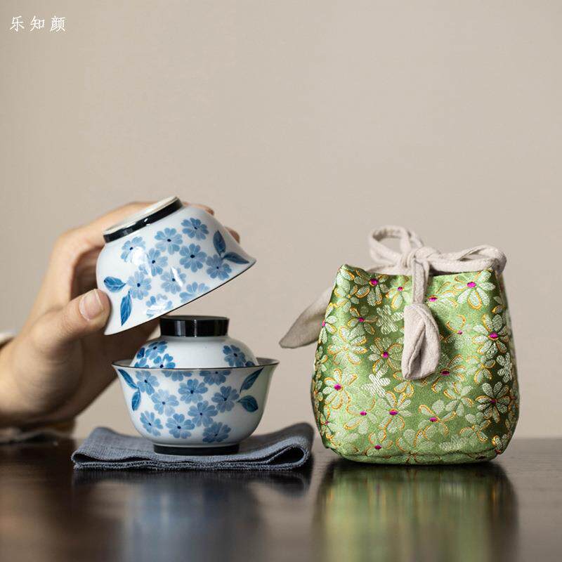 旅行茶具套装一人饮盖碗茶杯功夫茶具户外便携收纳手绘紫藤快客杯