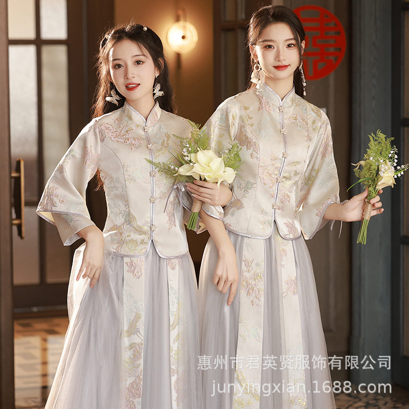 伴娘服中式姐妹裙灰色礼服显瘦国风旗袍小众感秀禾伴娘团长袖