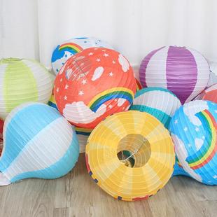12寸30cm热气球纸质灯笼 婚庆商场幼儿园装饰彩虹灯笼吊篮挂饰