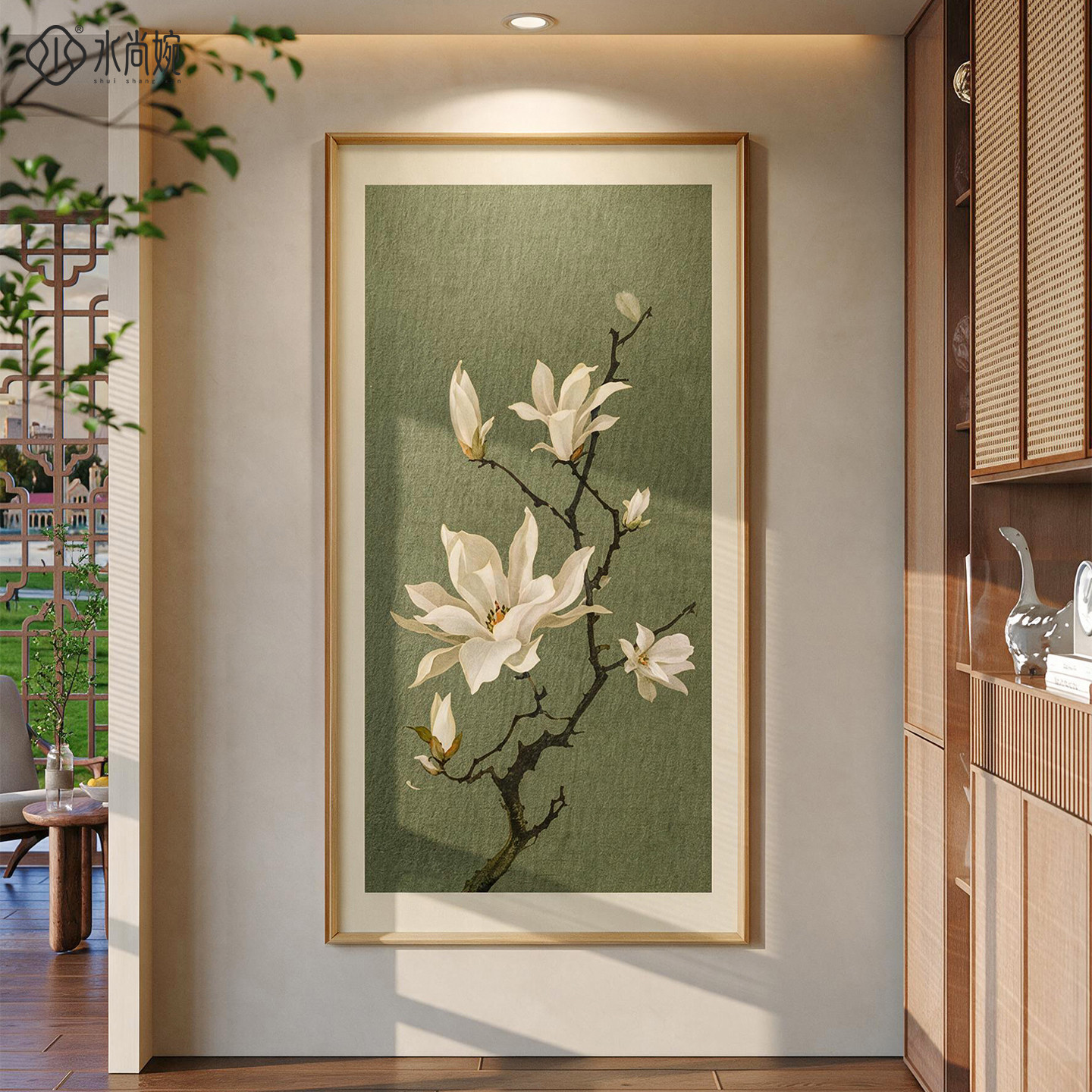 【宋代美学】玉兰花实木框装饰画