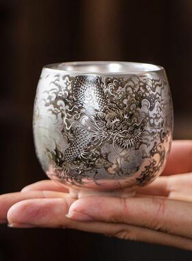 银杯子真银包银质手绘墨龙主人杯茶杯茶盏陶瓷鎏养生酒茶杯