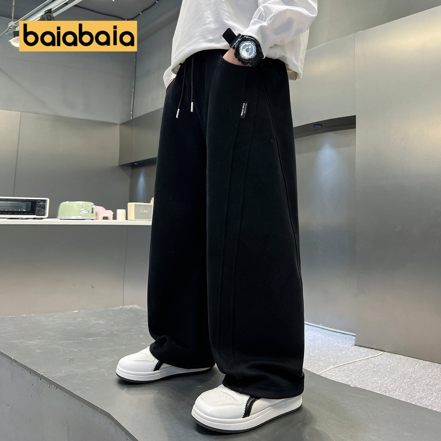 男童运动卫裤春秋新款直筒春季初中生儿童裤子中大童长裤黑色休闲