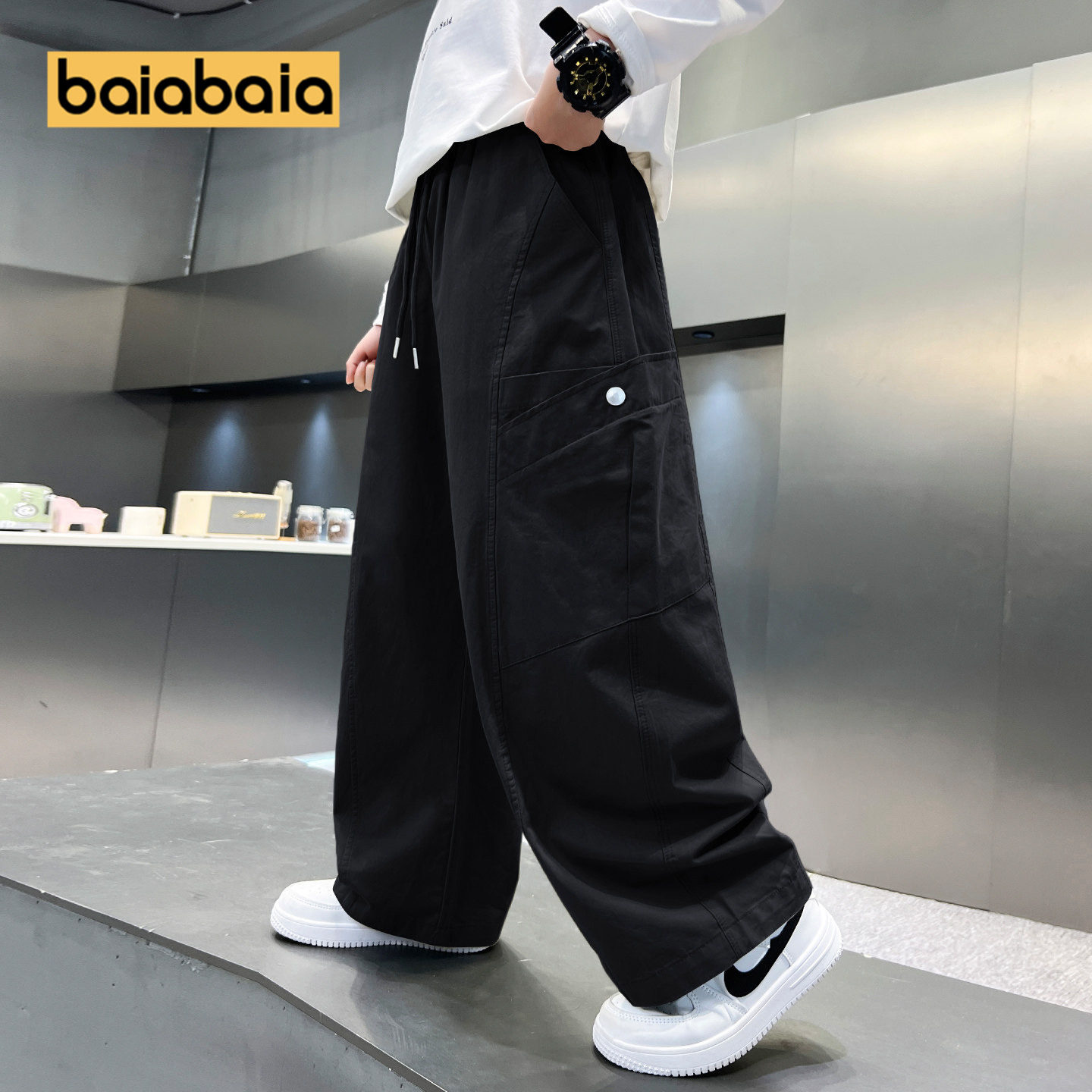 儿童裤子春秋新款男童工装裤直筒纯棉男孩大码黑色春季薄松紧腰潮