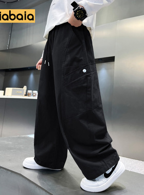 儿童裤子春秋新款男童工装裤直筒纯棉男孩大码黑色春季薄松紧腰潮