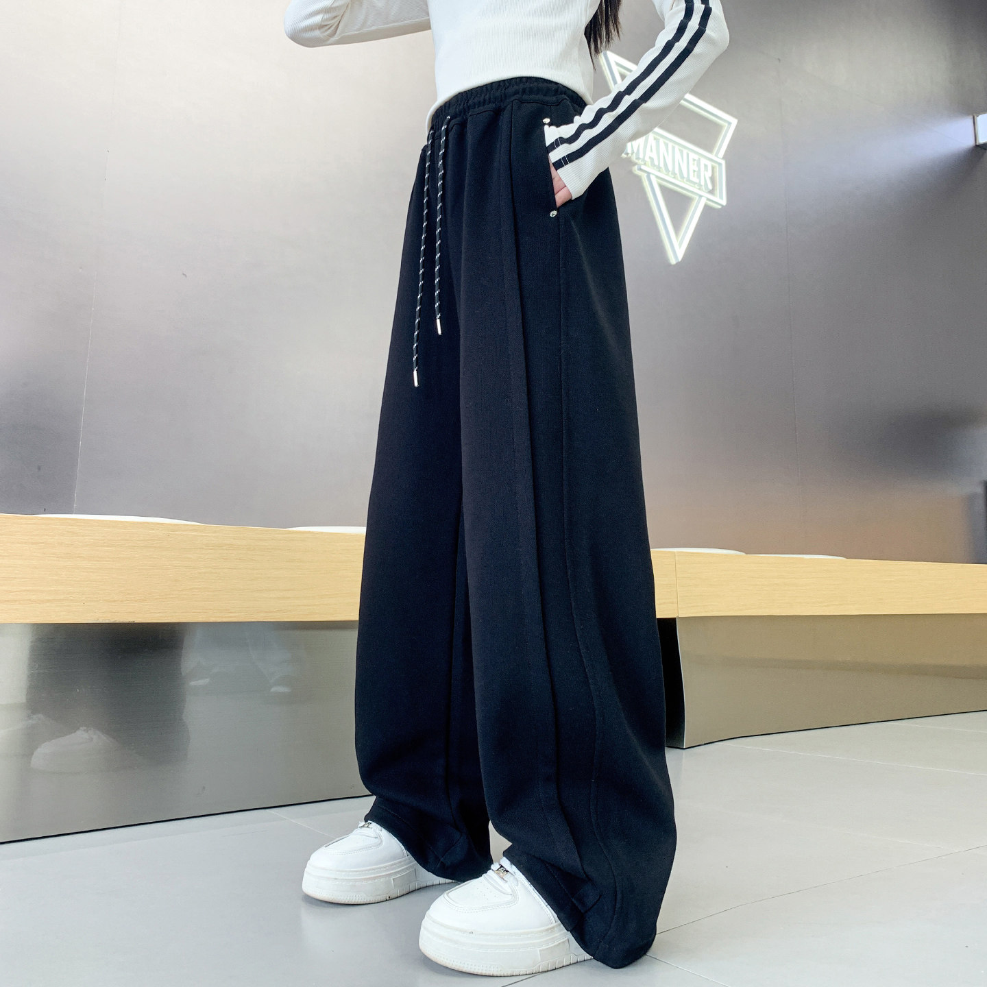 女童裤子春秋新款直筒宽松胖孩黑色儿童运动卫裤中大童长裤休闲薄