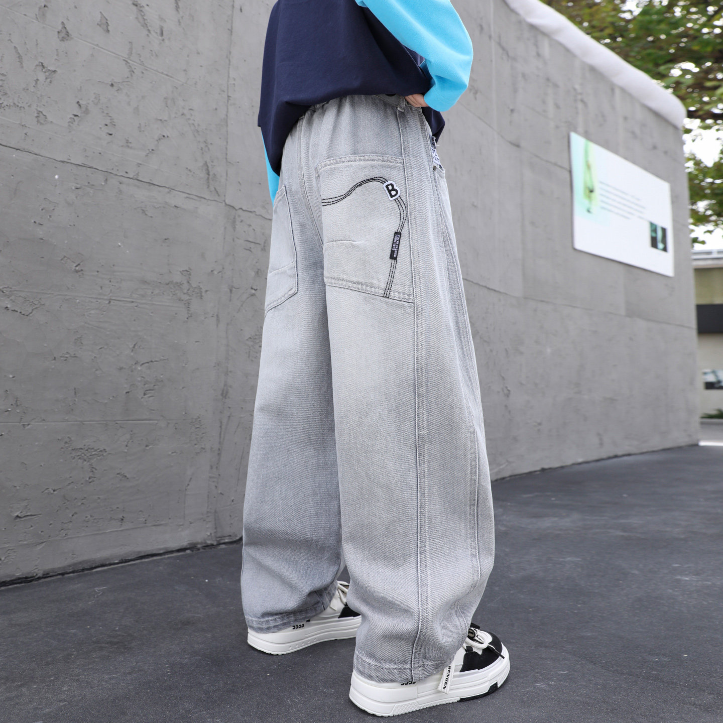 儿童裤子春秋新款直筒弯刀灰色春装男童牛仔中大童长裤休闲春季薄