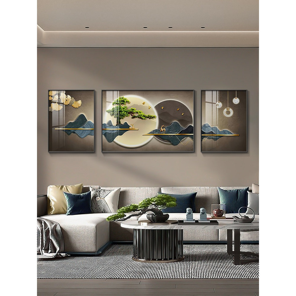 新中式山水客厅挂画2026新款迎客松装饰画沙发背景墙三联画免打孔