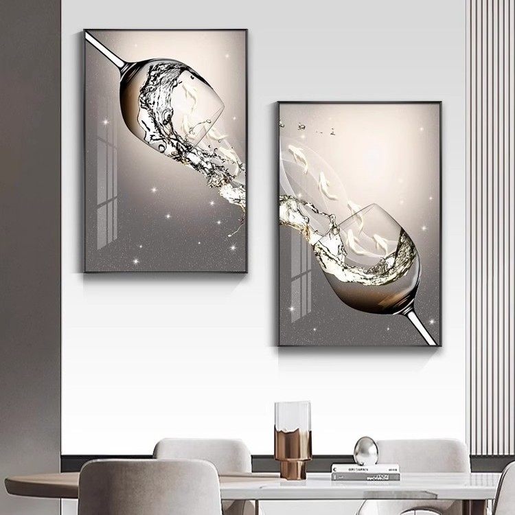 简约餐厅装饰画现代饭厅餐桌背景墙壁画高档过道双联挂画九鱼酒杯,家居饰品,现代装饰画,淘宝优惠券,粉丝福利购,淘宝优惠卷
