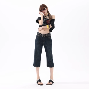 2026夏季 高腰显瘦休闲中裤 新款 直筒7分裤 美式 复古丹宁蓝七分裤