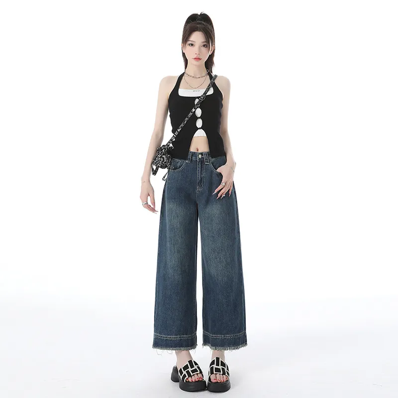 夏季复古高腰阔腿显瘦女牛仔裤