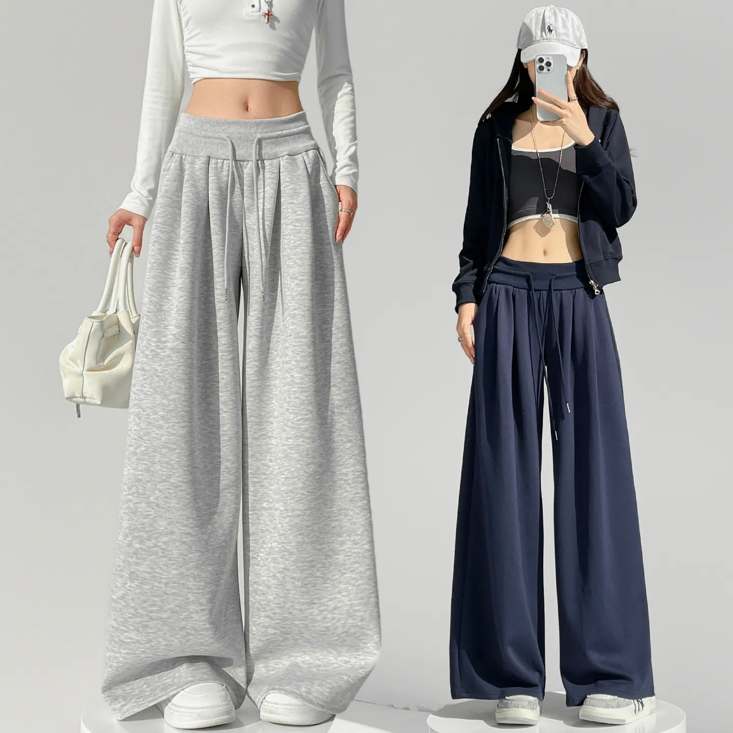 藏蓝运动裤子女春2026新款宽松慵懒风阔腿裤小个子低腰休闲拖地裤