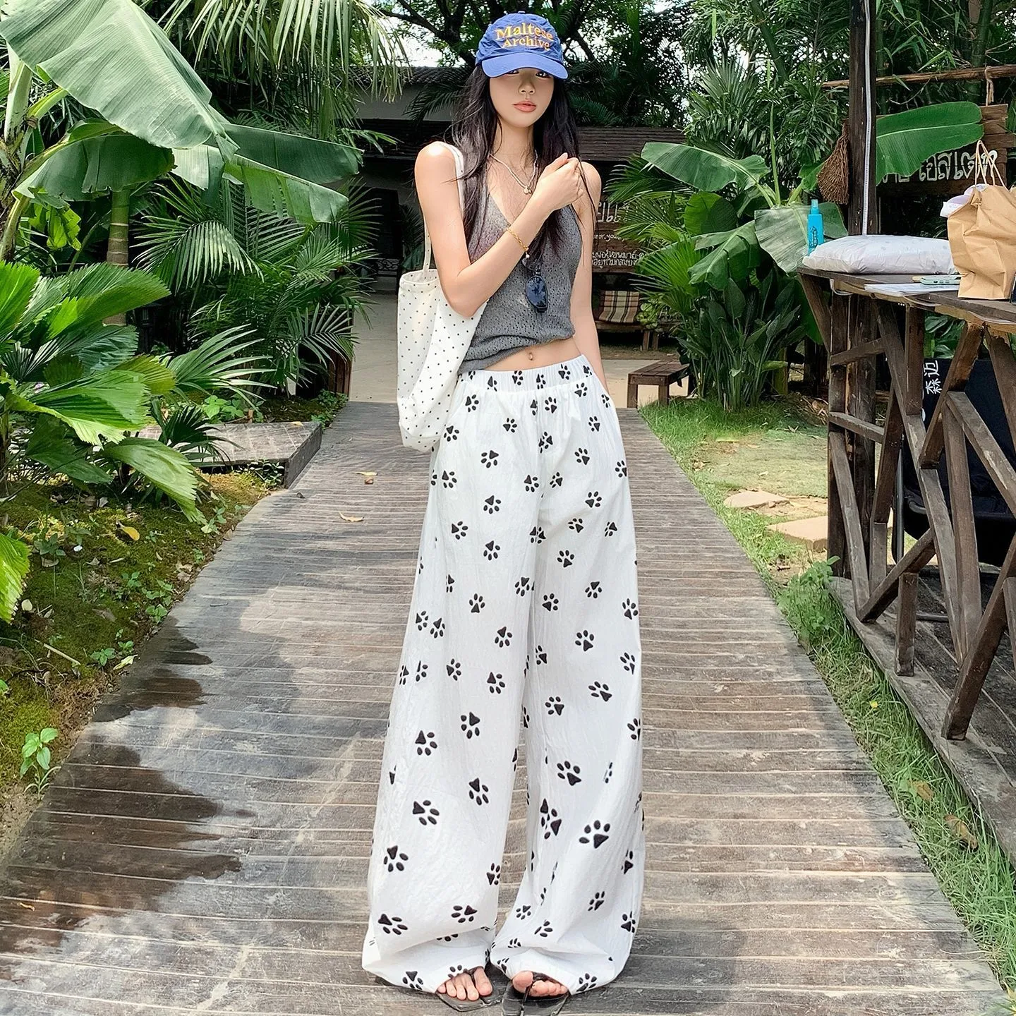 夏季冰丝狗爪印花女休闲长裤