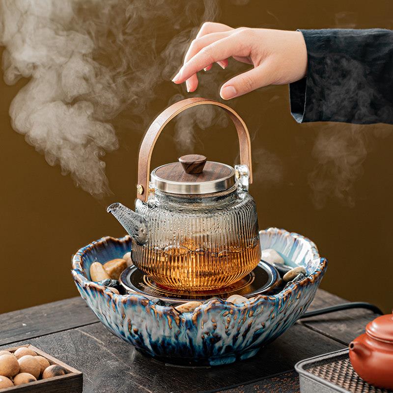 滚水网红围炉煮茶器具全套家用室内玻璃泡茶壶烤茶黑晶炉套装插电