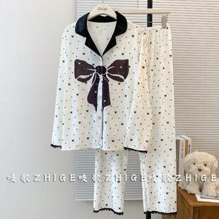 春秋季蝴蝶结波点睡衣女士2025新款冬天金丝绒长袖家居服女款套装