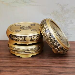 黄铜立体浮雕百福底座托架创意烟灰缸雕刻山水底座摆件托盘木底座