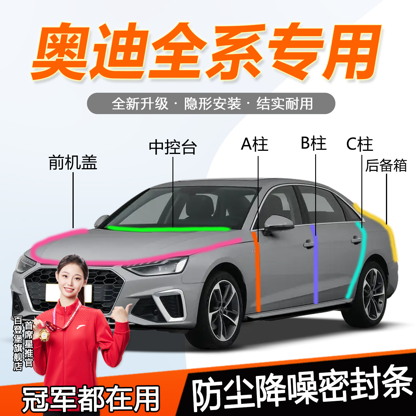 奥迪A4L/A5/A6/A7/Q3L/Q8专用隔音密封条汽车门ABC柱中控台后备箱