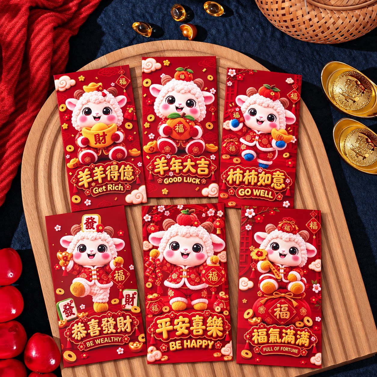 2027款红包卡通手绘萌趣小羊系列平面仿刺绣风格卡通可爱春节红包