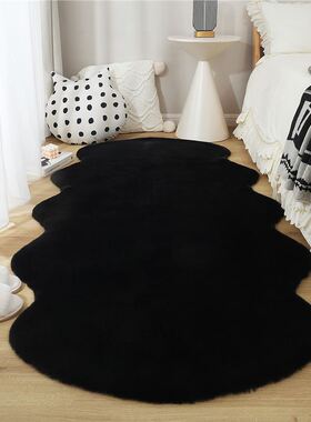 「次日达」加厚仿兔毛绒地毯卧室床边毯衣不规则身镜前黑色地垫光