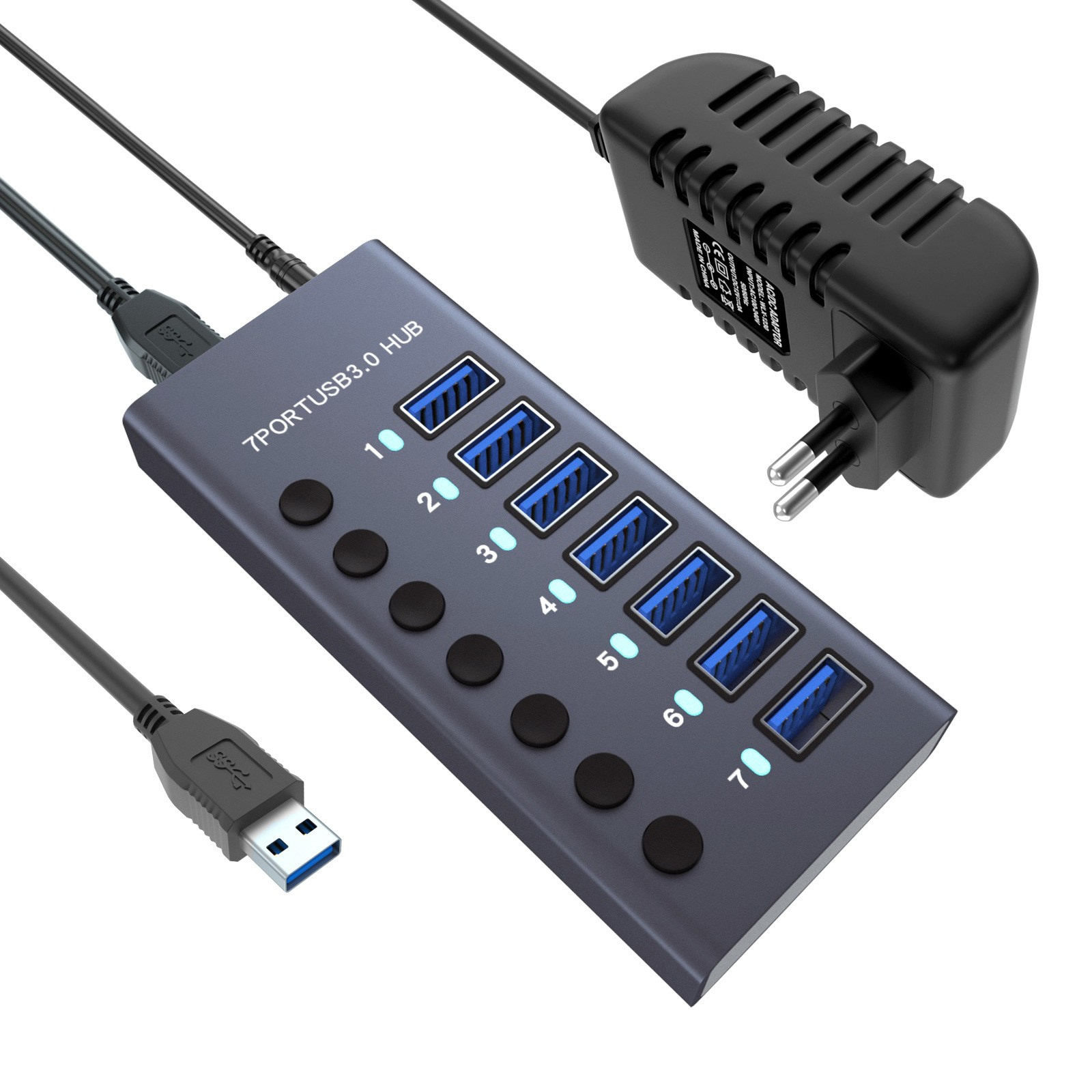 铝合金电脑HUB多口USB3.0集线器带开关拓展坞分线一拖7口外置电源