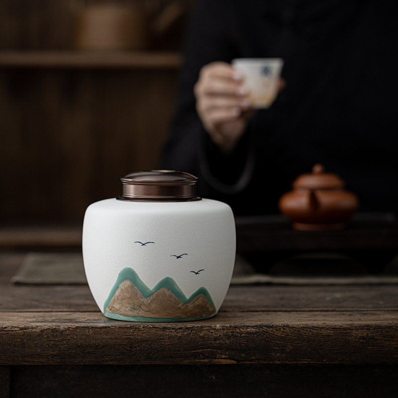 储茶罐陶瓷螺纹双盖密封普洱茶高档精品茶叶空罐大创意远山茶叶罐