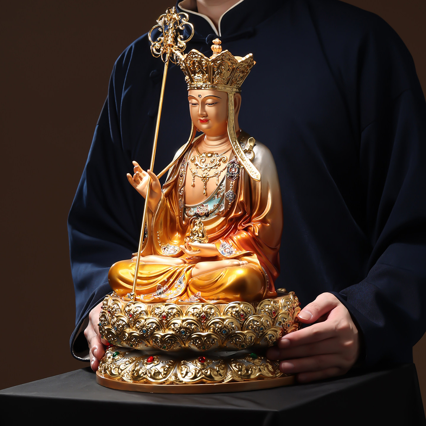尼泊尔工艺掐丝珐琅地藏王菩萨坐莲观音佛像寺庙供奉娑婆三圣摆件
