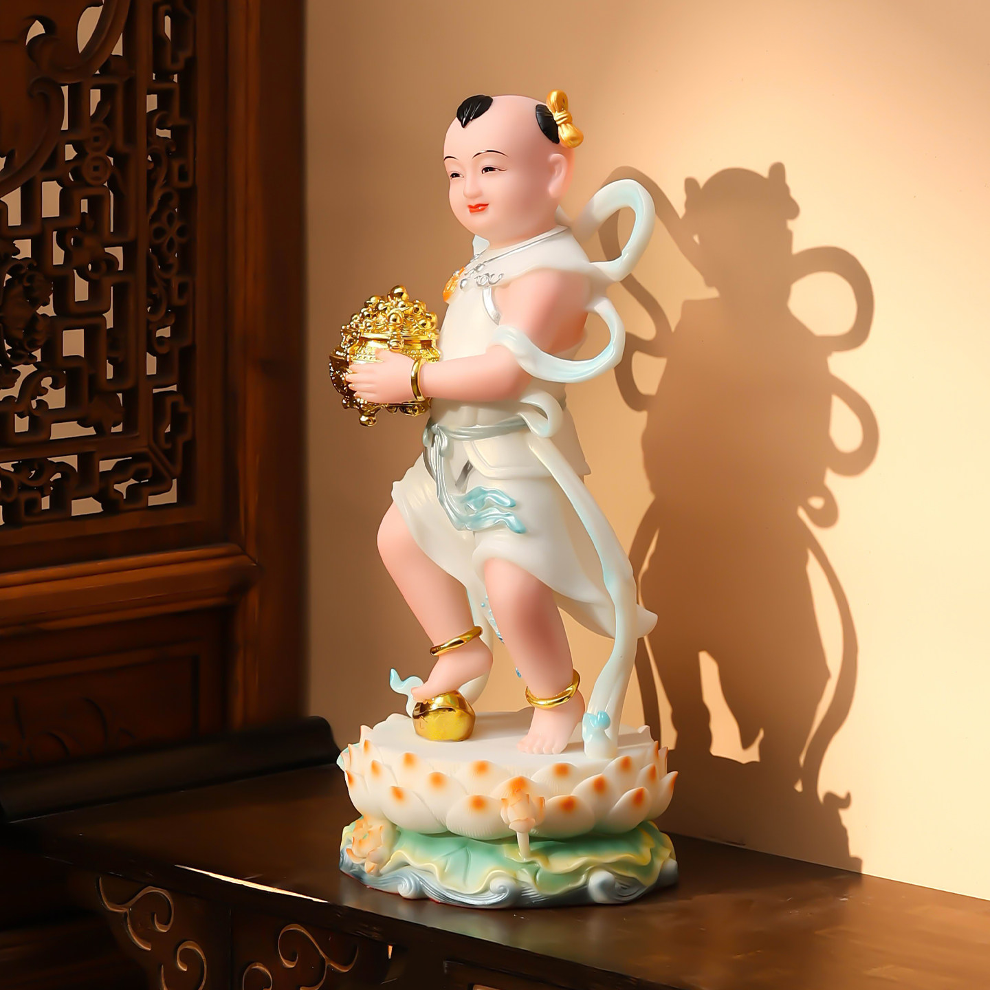汉白玉金童玉女佛像一对善财童子龙女摆件观音像童男童女胁侍童子
