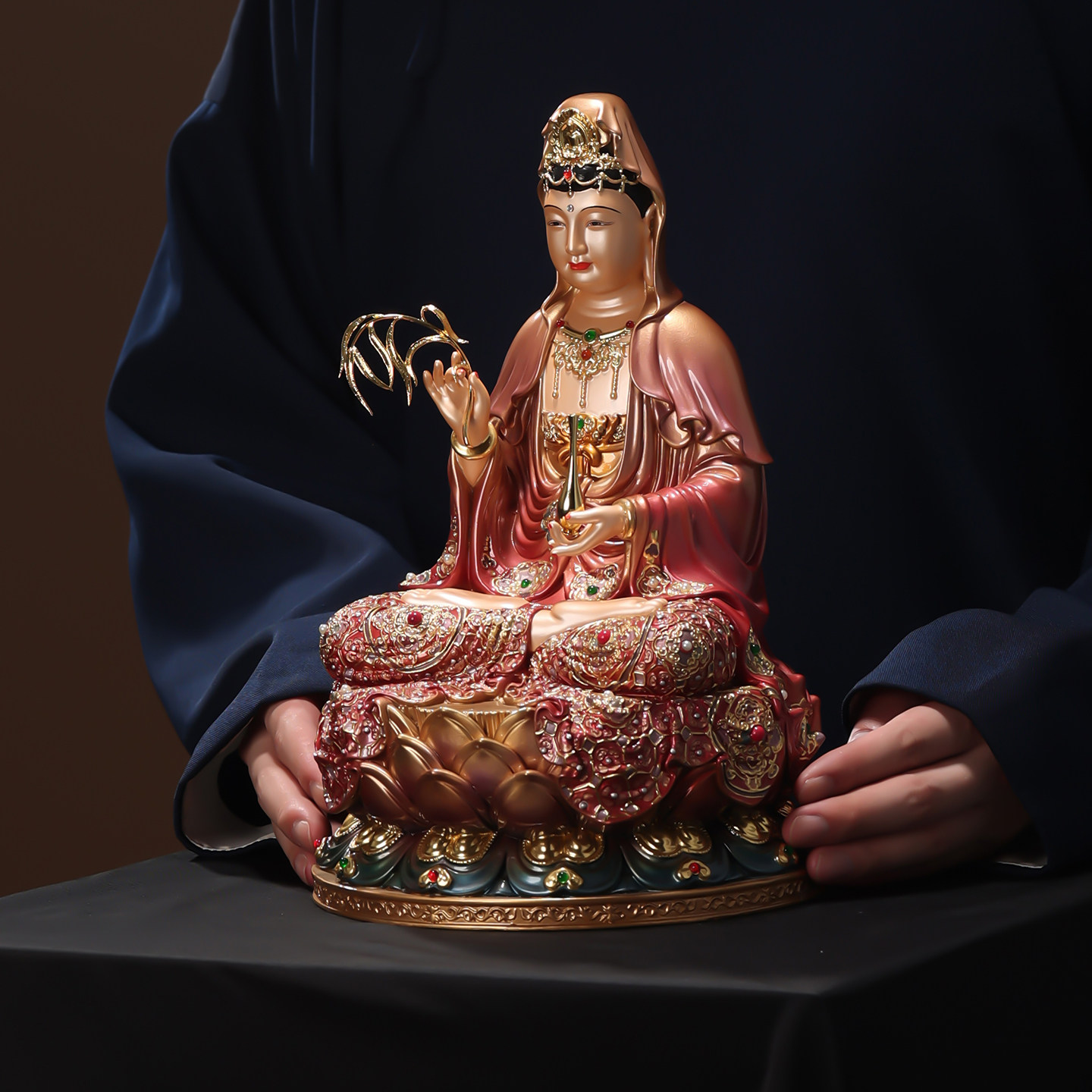 精工尼泊尔工艺观音菩萨家用坐莲观音佛像娑婆三圣观世音摆件供奉