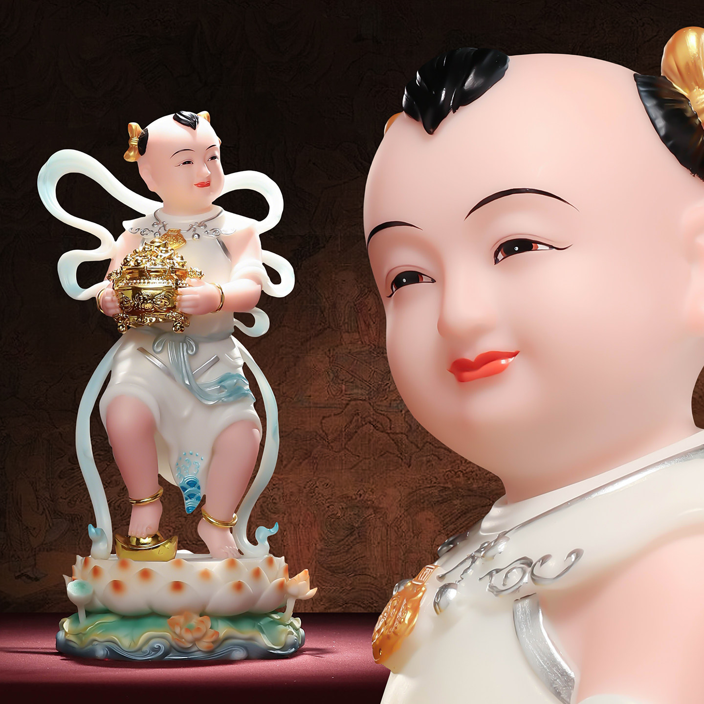 汉白玉善财童子龙女佛像供奉摆件一对金童玉女神像善财長者子神像