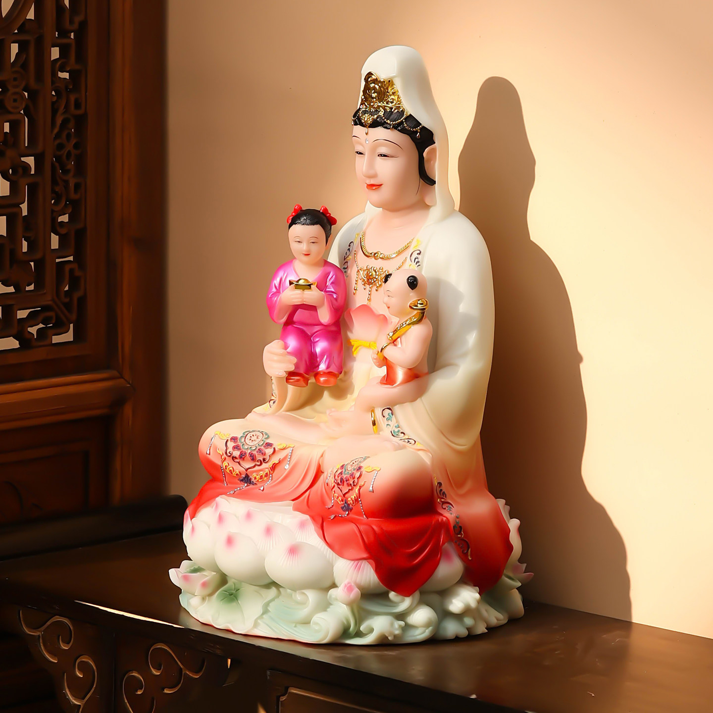 汉白玉送子娘娘佛像观音菩萨送子观音龙凤胎男孩女孩供奉客厅摆件