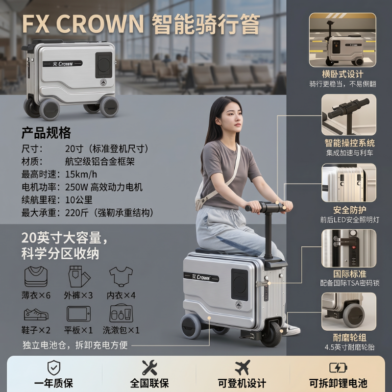 FX CROWN智能骑行电动行李箱可坐人可登机旅行箱男20寸拉杆旅行箱