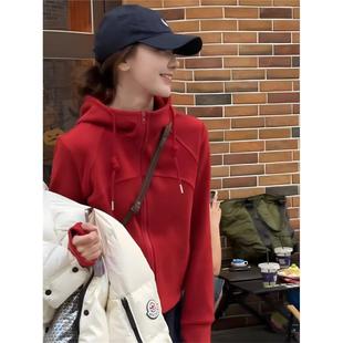 红色连帽加绒卫衣女春秋款2025年新款爆款高级感超好看立领外套女