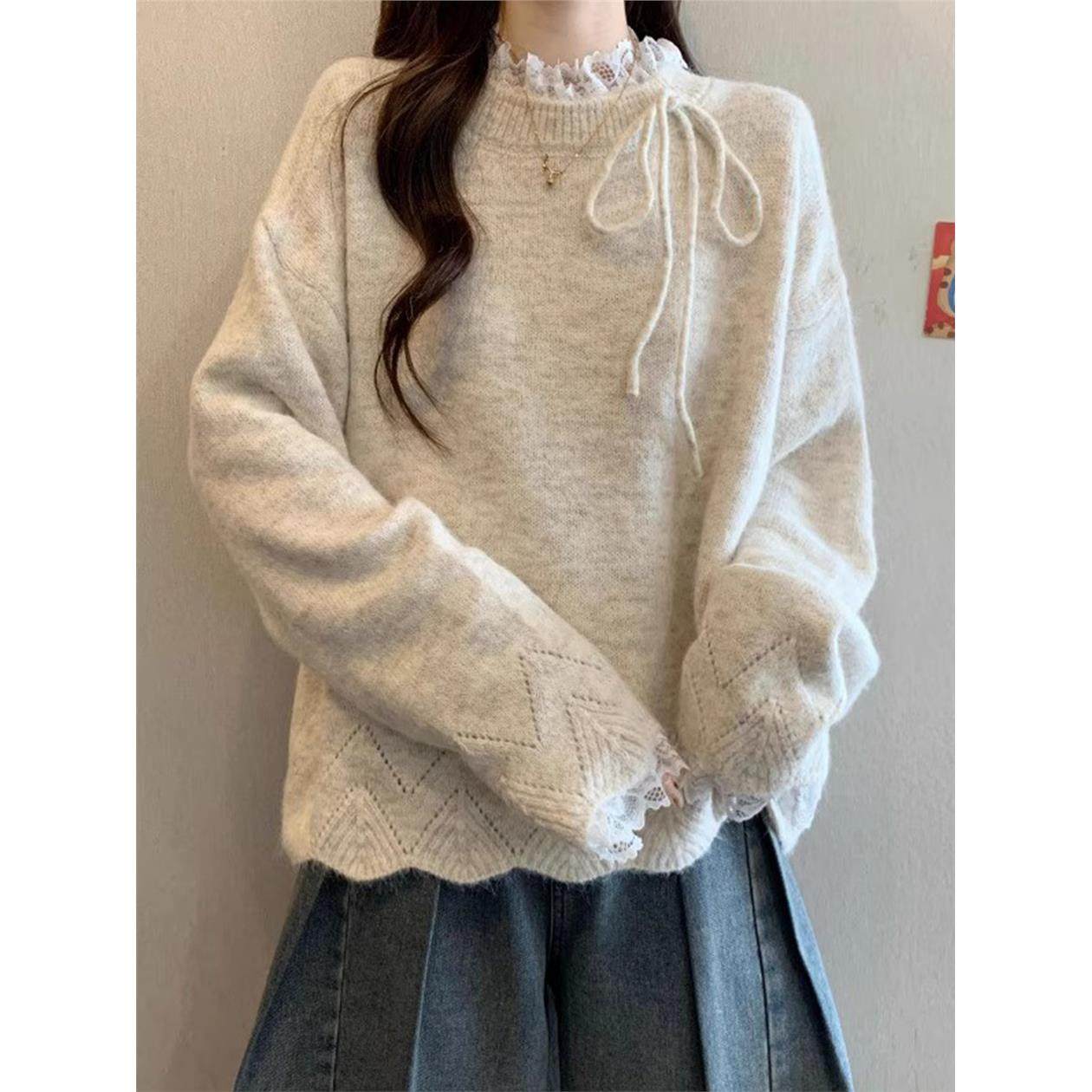 大码高级感蕾丝拼接毛衣女装秋冬胖mm显瘦正肩内搭针织打底衫上衣,女装/女士精品,大码内搭,淘宝优惠券,粉丝福利购,淘宝优惠卷