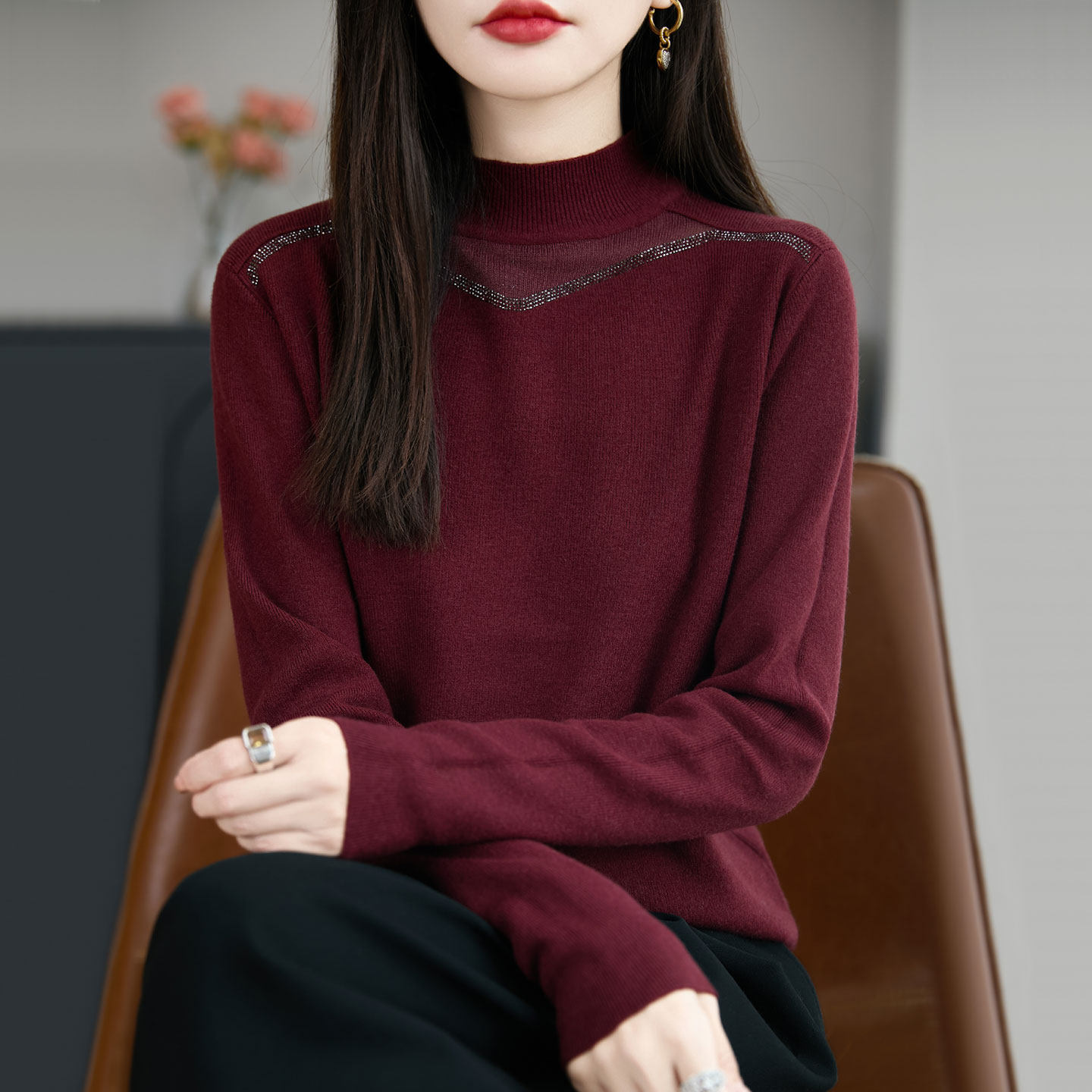 秋冬新款半高领烫钻羊毛针织衫女士纯色百搭时尚显瘦毛衣打底衫潮,女装/女士精品,毛衣,淘宝优惠券,粉丝福利购,淘宝优惠卷