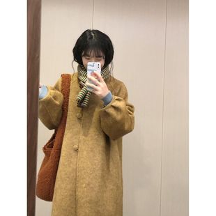 韩系灯笼袖毛呢外套2025秋冬新款简约小立领复古秋叶黄呢子大衣女