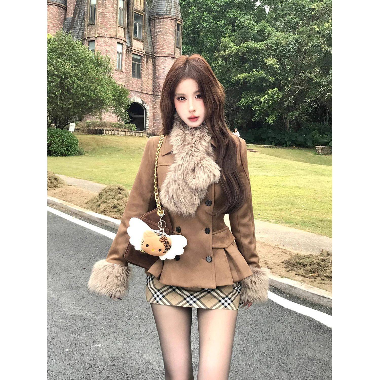 英伦棕漫 秋冬古早风收腰皮绒外套+格纹包臀短裙气质修身两件套女,女装/女士精品,时尚套装,淘宝优惠券,粉丝福利购,淘宝优惠卷
