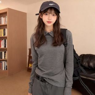 秋冬新款复古条纹长袖t恤女韩版慵懒风纽扣设计宽松洋气打底上衣